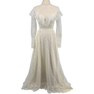 Vintage 60s 70s Women's Alfred Angelo Floral Lace High Neck Wedding Dress XS/S